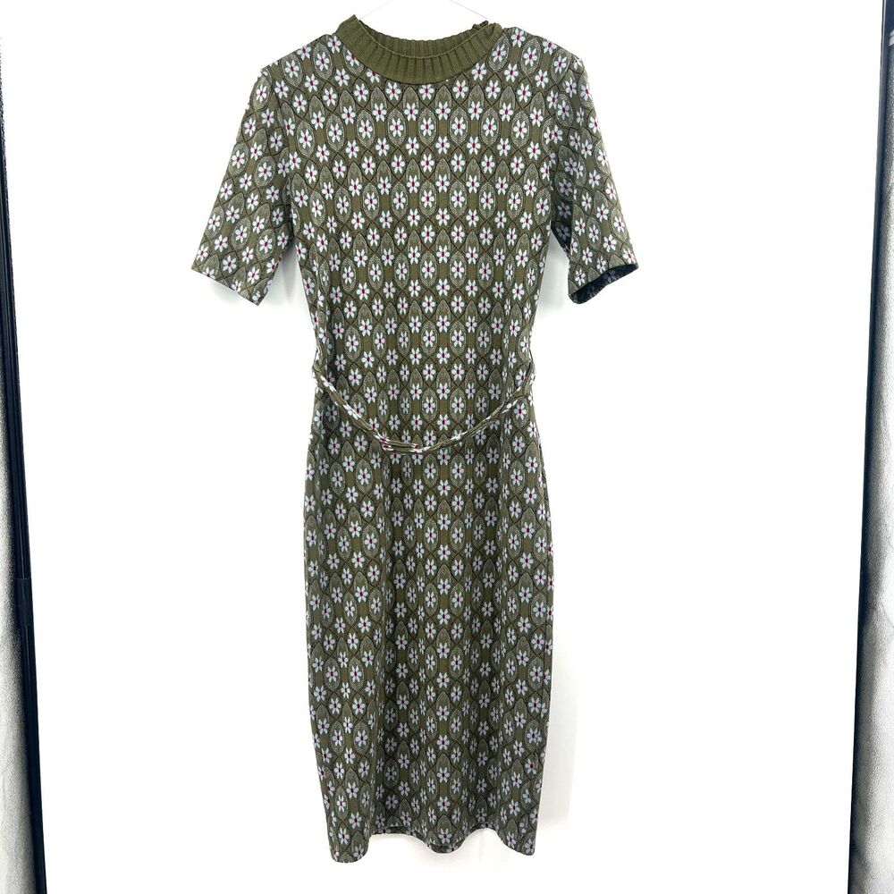 ZARA Olive Green Floral Knit Sweater Dress Mock Neck Belted Midi Womens S